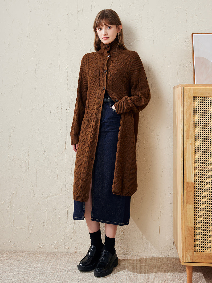 COMOBOCA 100% Wool Women's Cable Knit Long Front Button Coat