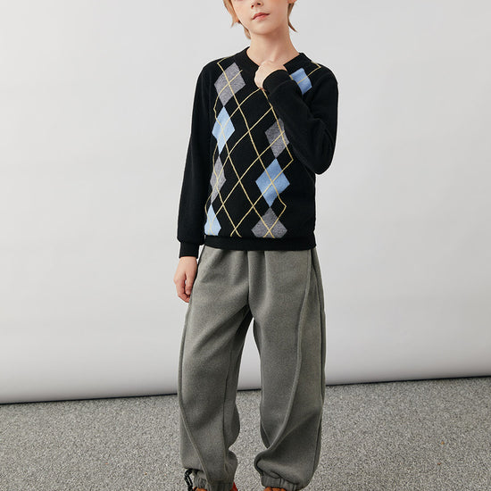 COMOBOCA 100% Wool Kids' Argyle Pattern Round Neck Sweater