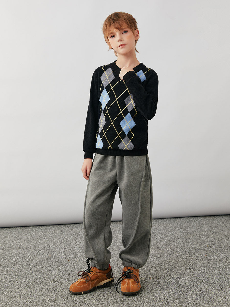 COMOBOCA 100% Wool Kids' Argyle Pattern Round Neck Sweater