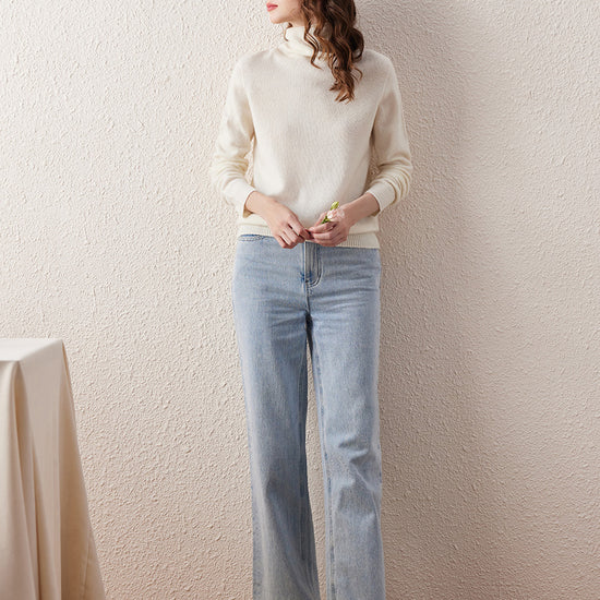 COMOBOCA 100% Wool Women's Ribbed Turtleneck Sweater