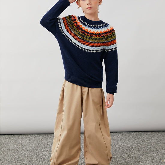 COMOBOCA 100% Wool Kids' Fair Isle Round Neck Sweater