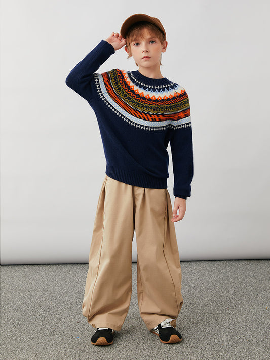 COMOBOCA 100% Wool Kids' Fair Isle Round Neck Sweater