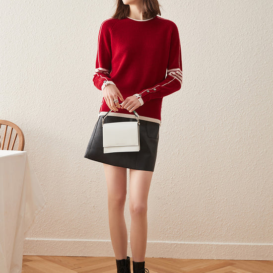 COMOBOCA 100% Cashmere Women's Striped Sleeve Round Neck Sweater