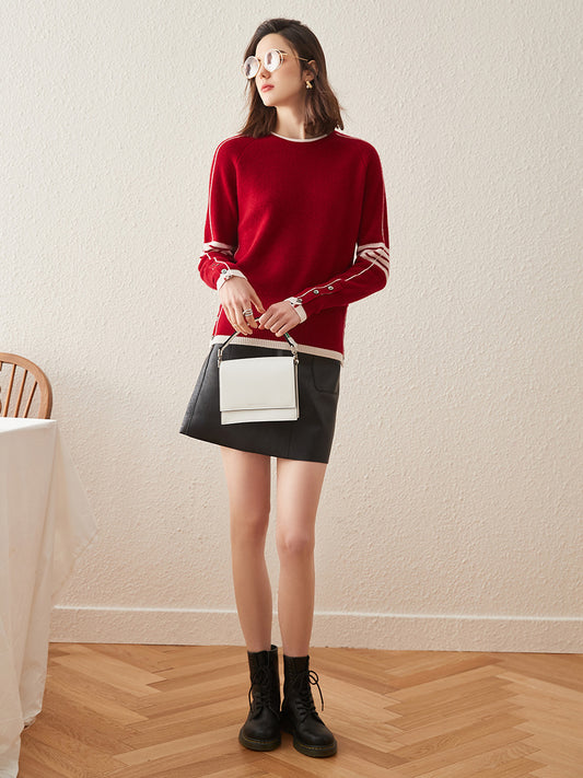 COMOBOCA 100% Cashmere Women's Striped Sleeve Round Neck Sweater