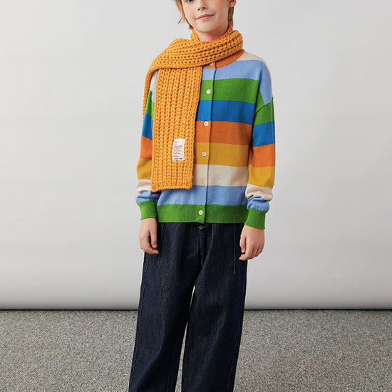 COMOBOCA 100% Wool Kids' Colorful Striped Round Neck Cardigan