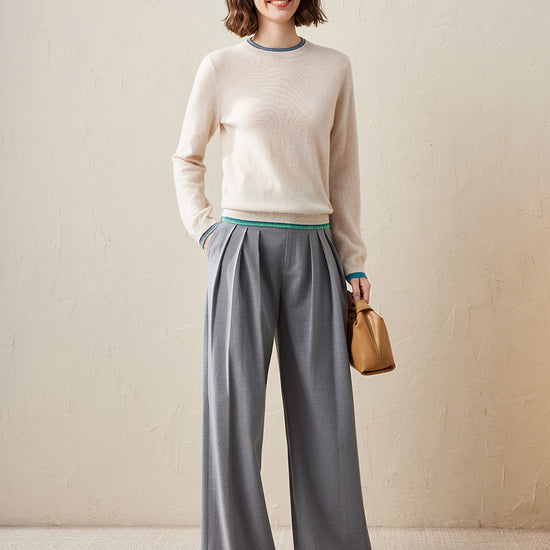 COMOBOCA 100% Cashmere Women's Color Accented Knit Pullover Sweater