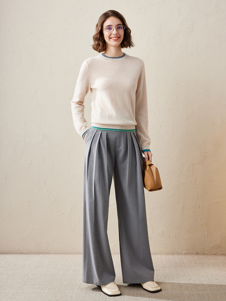 COMOBOCA 100% Cashmere Women's Color Accented Knit Pullover Sweater