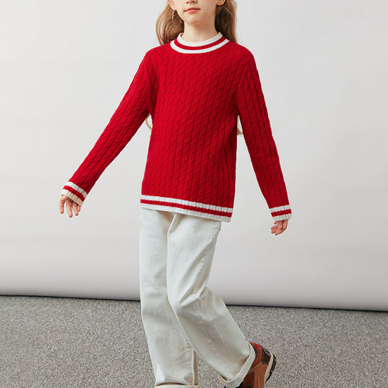 COMOBOCA 100% Wool Kids' Cable Knit Round Neck Sweater