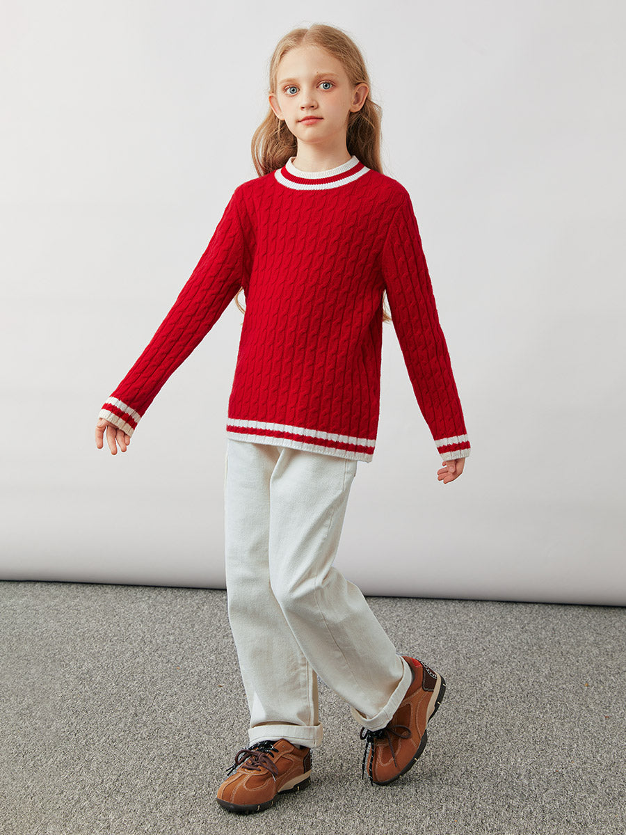 COMOBOCA 100% Wool Kids' Cable Knit Round Neck Sweater