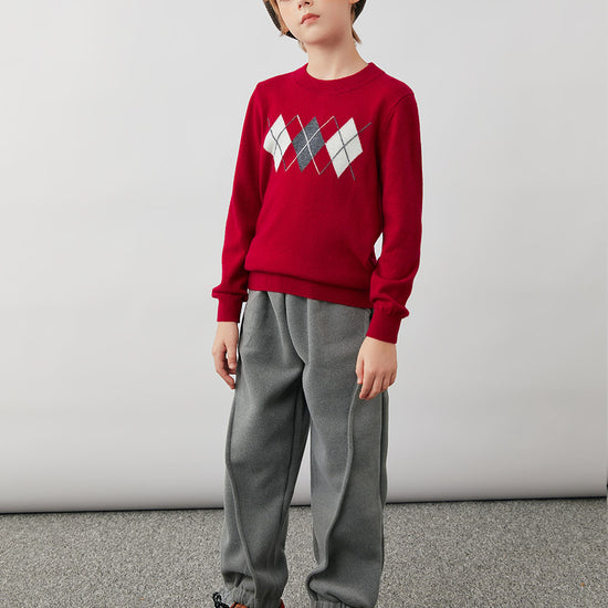 COMOBOCA 100% Wool Kids' Argyle Pattern Round Neck Sweater