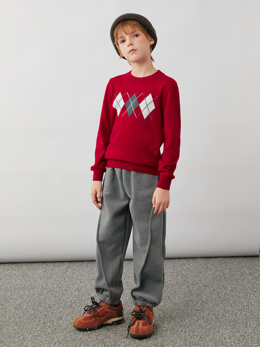 COMOBOCA 100% Wool Kids' Argyle Pattern Round Neck Sweater