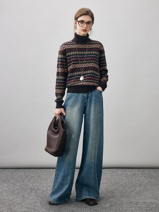 COMOBOCA 100% Cashmere Women's Fair Isle Turtleneck Sweater