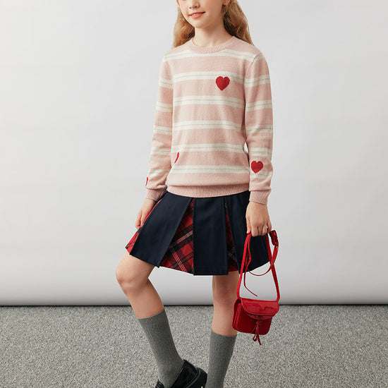 COMOBOCA 100% Wool Kids' Striped Heart Round Neck Sweater