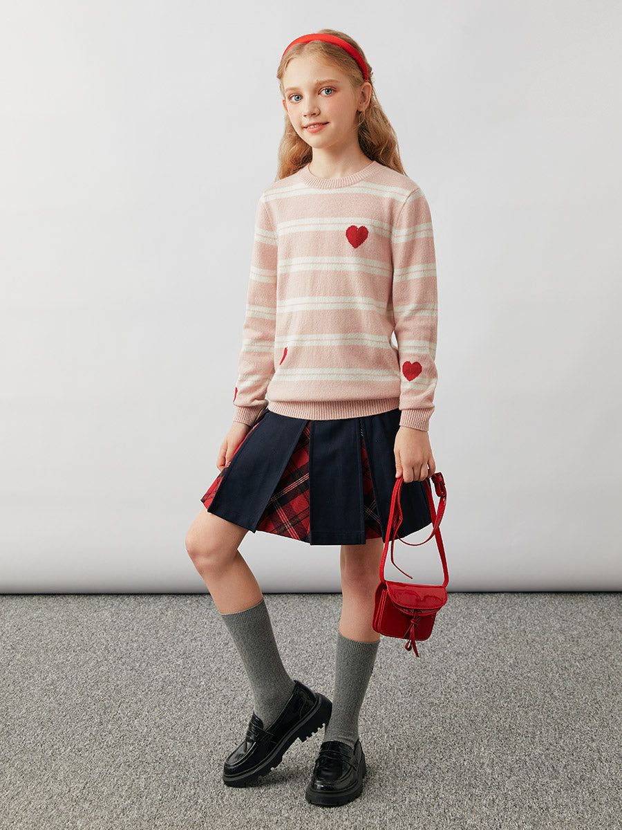 COMOBOCA 100% Wool Kids' Striped Heart Round Neck Sweater