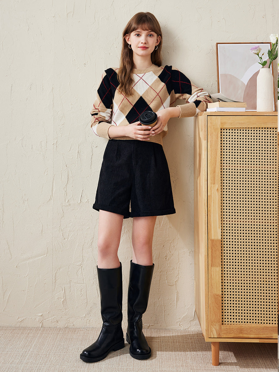 COMOBOCA 100% Wool Women's Argyle Pattern Knit Sweater