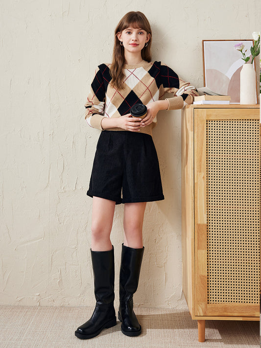 COMOBOCA 100% Wool Women's Argyle Pattern Knit Sweater