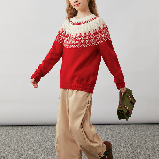 COMOBOCA 100% Wool Kids' Fair Isle Pattern Round Neck Sweater