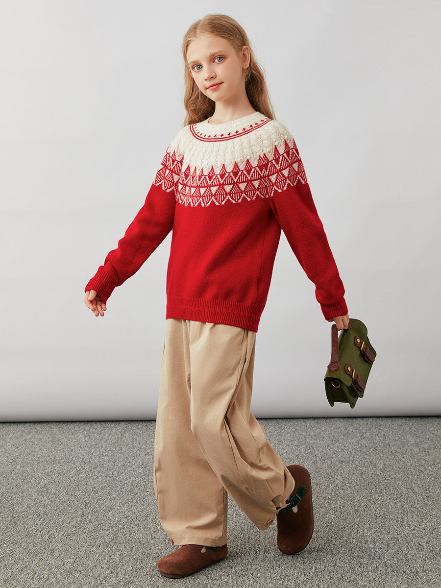 COMOBOCA 100% Wool Kids' Fair Isle Pattern Round Neck Sweater
