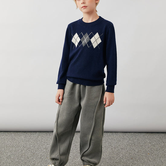 COMOBOCA 100% Wool Kids' Argyle Pattern Round Neck Sweater
