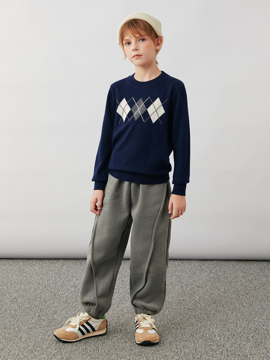 COMOBOCA 100% Wool Kids' Argyle Pattern Round Neck Sweater