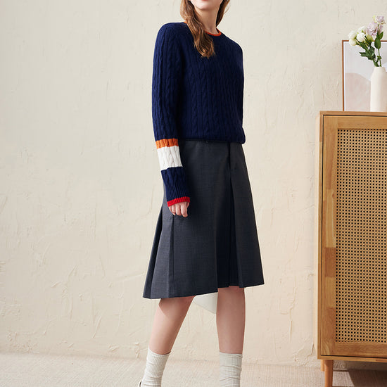 COMOBOCA 100% Wool Women's Colorblock Cable Knit Sweater