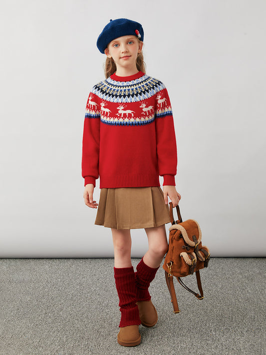 COMOBOCA 100% Wool Kids' Fair Isle Reindeer Round Neck Sweater