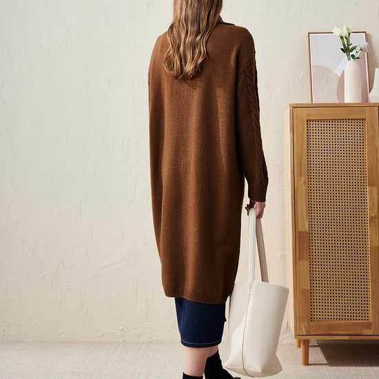 COMOBOCA 100% Wool Women's Cable Knit Long Front Button Coat