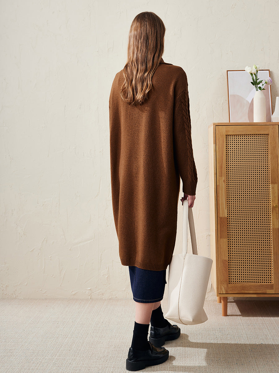 COMOBOCA 100% Wool Women's Cable Knit Long Front Button Coat