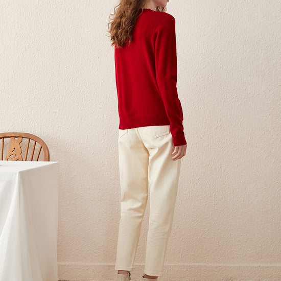 COMOBOCA 100% Wool Women's Round Neck Knit Cardigan