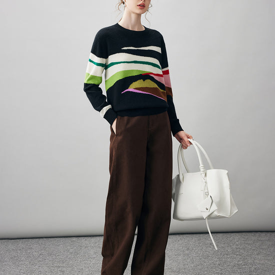 COMOBOCA 100% Cashmere Women's Abstract Pattern Round Neck Sweater