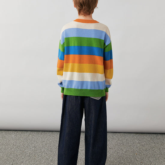 COMOBOCA 100% Wool Kids' Colorful Striped Round Neck Cardigan