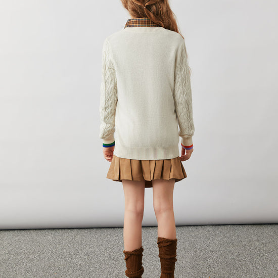 COMOBOCA 100% Wool Kids' Cable Knit Round Neck Sweater