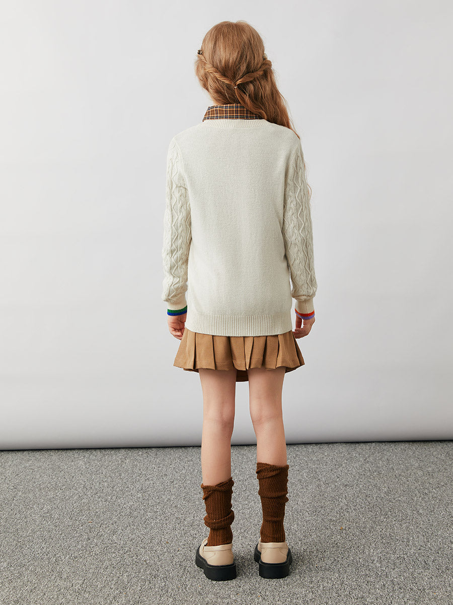 COMOBOCA 100% Wool Kids' Cable Knit Round Neck Sweater