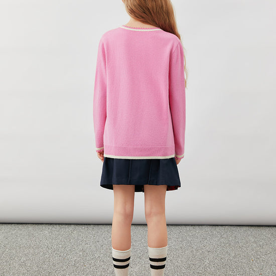 COMOBOCA 100% Wool Kids' Tie-Neck Contrast Trim Sweater