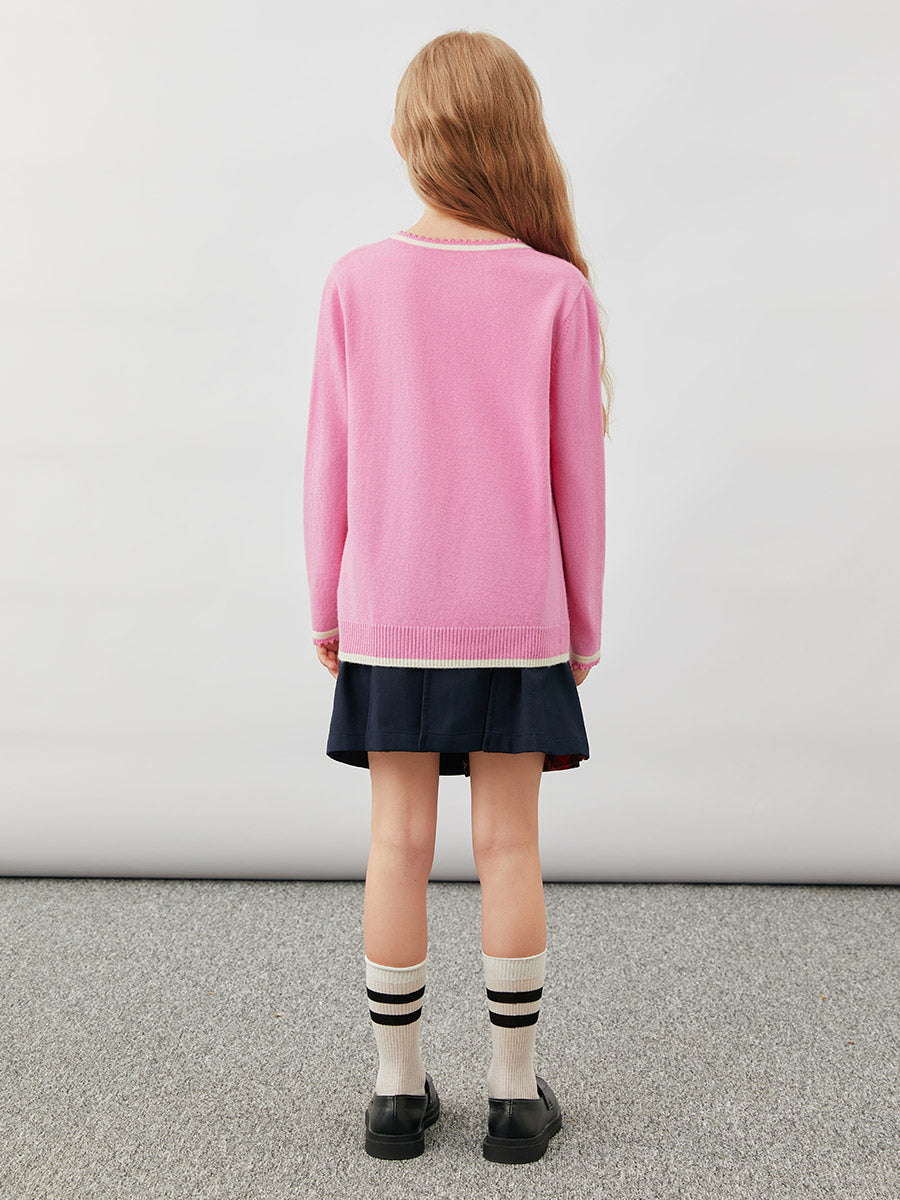 COMOBOCA 100% Wool Kids' Tie-Neck Contrast Trim Sweater