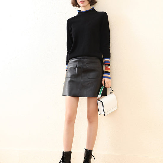 COMOBOCA 100% Cashmere Women's Knit Sweater with Colorful Cuffs