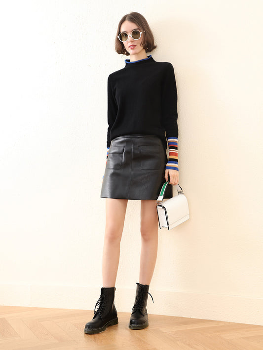 COMOBOCA 100% Cashmere Women's Knit Sweater with Colorful Cuffs