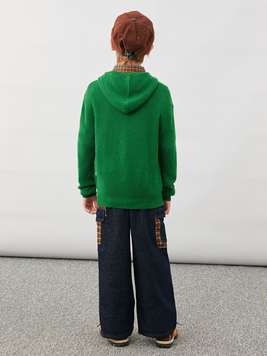 COMOBOCA 100% Wool Kids' Ribbed Zip Up Hooded Cardigan