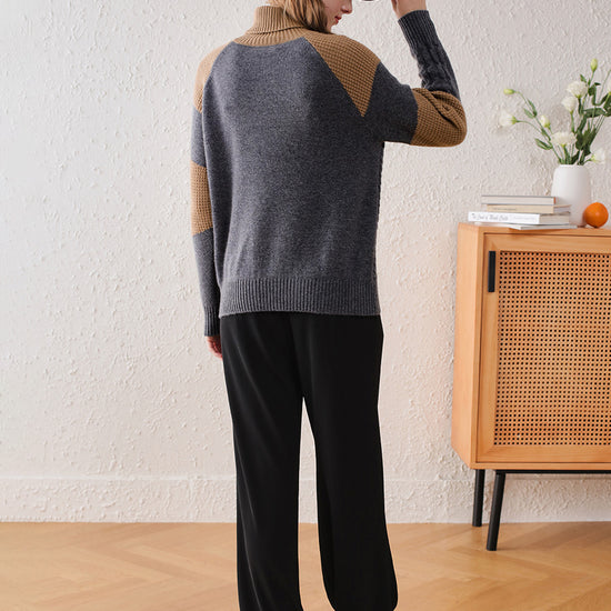 COMOBOCA 100% Cashmere Women's Cable Knit Color Block Sweater