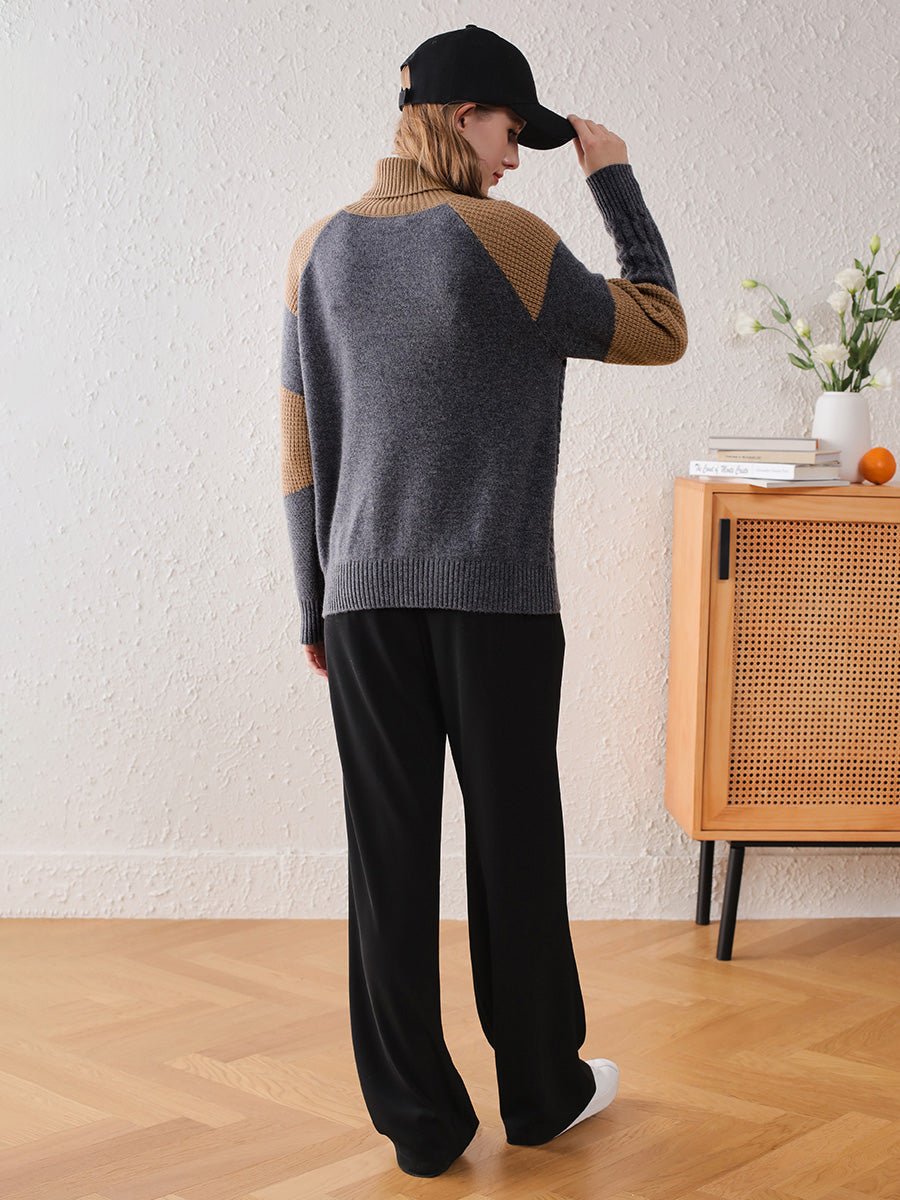 COMOBOCA 100% Cashmere Women's Cable Knit Color Block Sweater