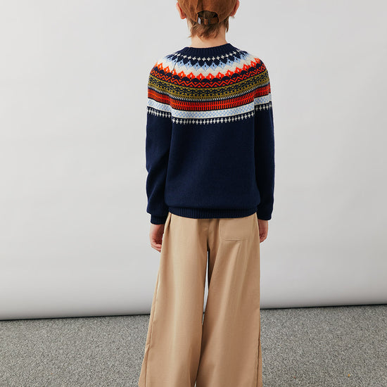 COMOBOCA 100% Wool Kids' Fair Isle Round Neck Sweater
