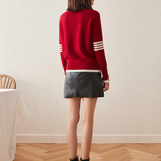 COMOBOCA 100% Cashmere Women's Striped Sleeve Round Neck Sweater