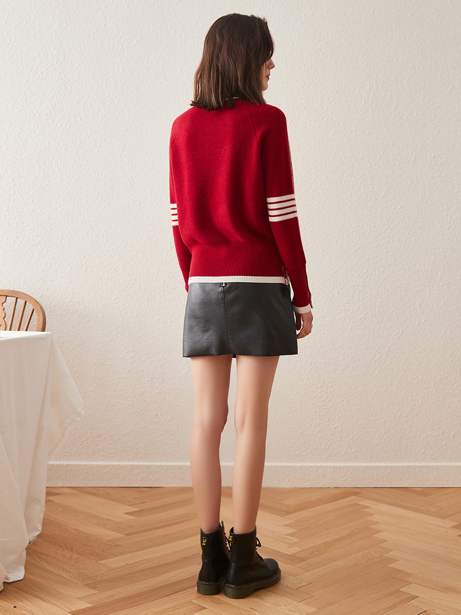 COMOBOCA 100% Cashmere Women's Striped Sleeve Round Neck Sweater