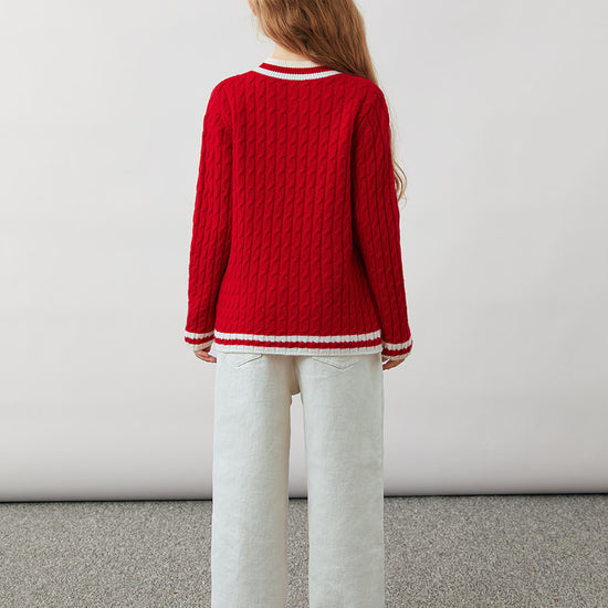 COMOBOCA 100% Wool Kids' Cable Knit Round Neck Sweater