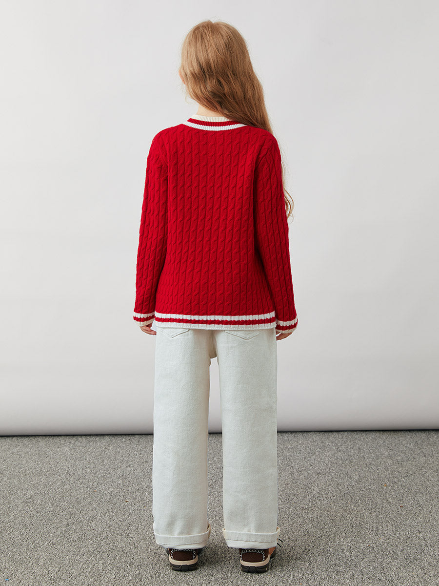 COMOBOCA 100% Wool Kids' Cable Knit Round Neck Sweater