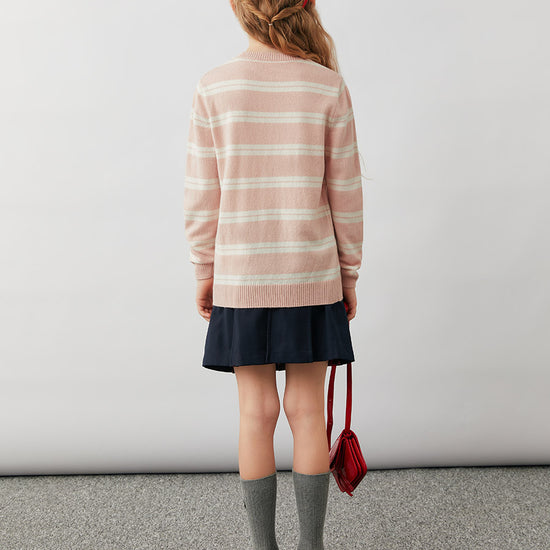 COMOBOCA 100% Wool Kids' Striped Heart Round Neck Sweater