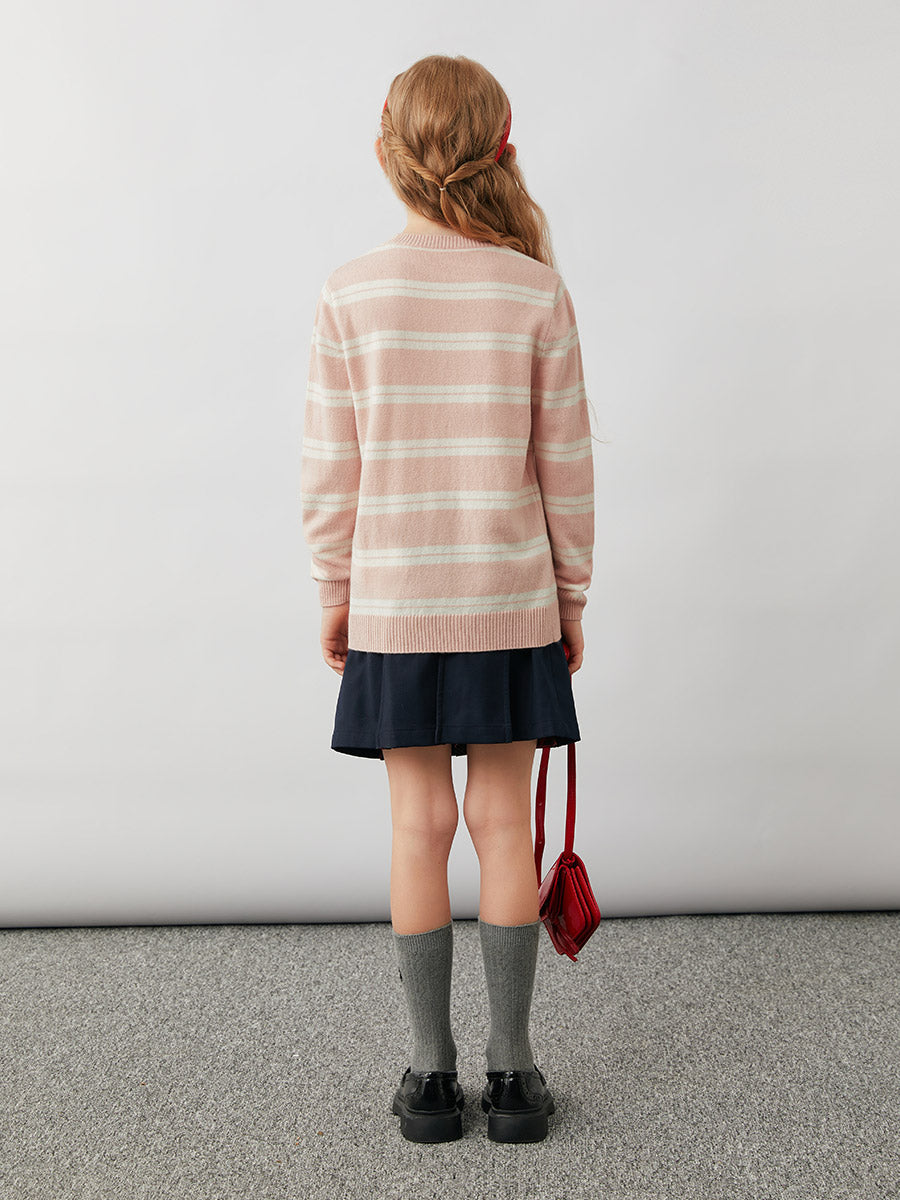COMOBOCA 100% Wool Kids' Striped Heart Round Neck Sweater