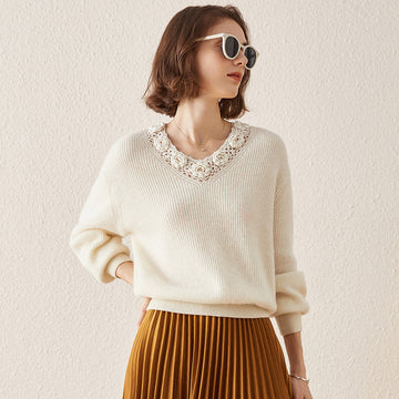 COMOBOCA BEIGE 100% cashmere V Neck Crochet Knit Sweater