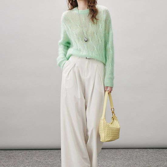 COMOBOCA Women's Mohair Cable Knit Round Neck Sweater