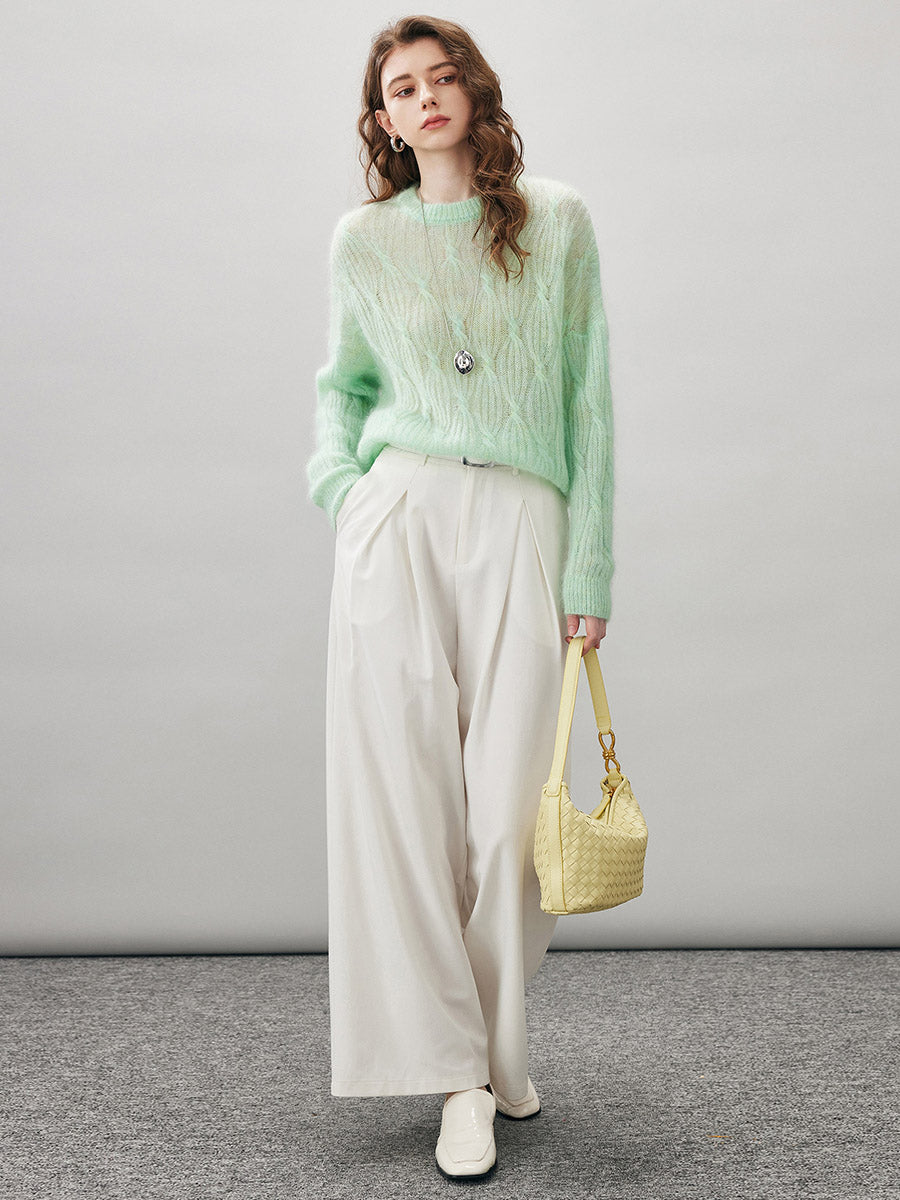 COMOBOCA Women's Mohair Cable Knit Round Neck Sweater